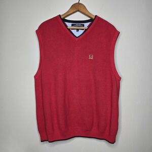 Tommy Hilfiger Sweater Vest Mens Medium Red Navy Trim Crest Logo Pullover Preppy